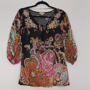 Women's One World Sheer w/ Embroidery Hippie Psychedelic Flower Power Boho Top